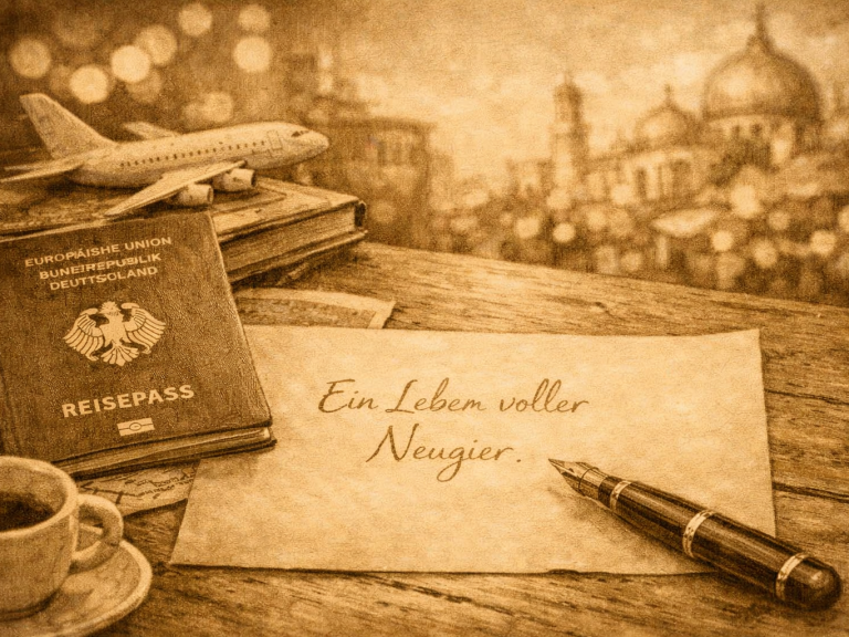 Reisepass mit Zettel und Füller